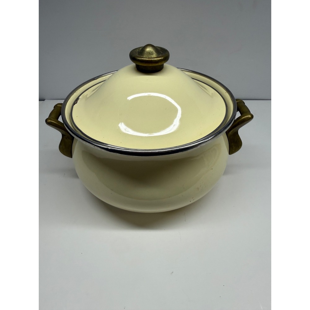 Vintage Cream Enamel Stock Pot with Brass Handles and Lid Farmhouse Decor